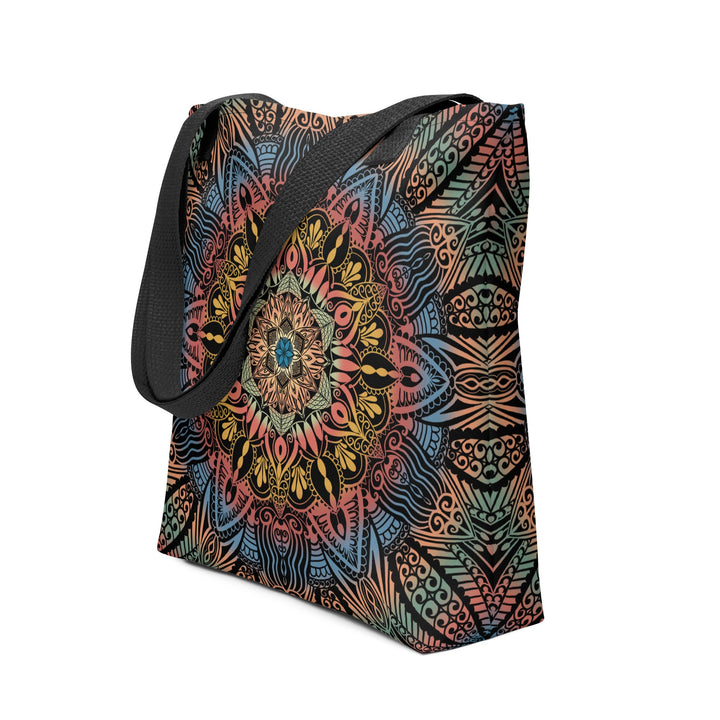 Colorful Tote Bag with Psychedelic Mandala Boho Print, front view