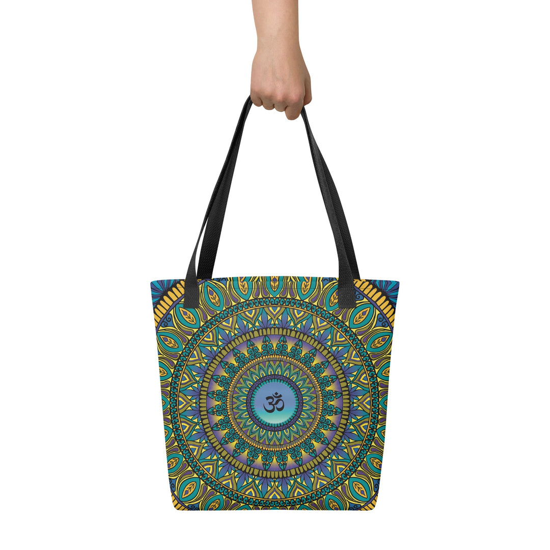 Spiritual Tote Bag with Purple Gold Ohm Mandala Design, front view