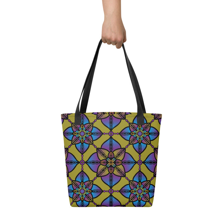 Purple Tote Bag with Blue Yellow Mandala Boho Print, front view