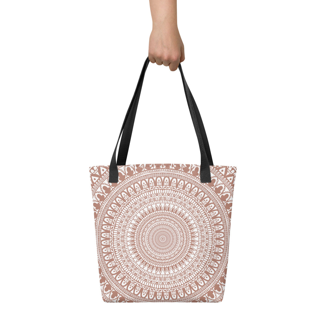 White Tote Bag with Terracotta Mandala Boho Design, front view
