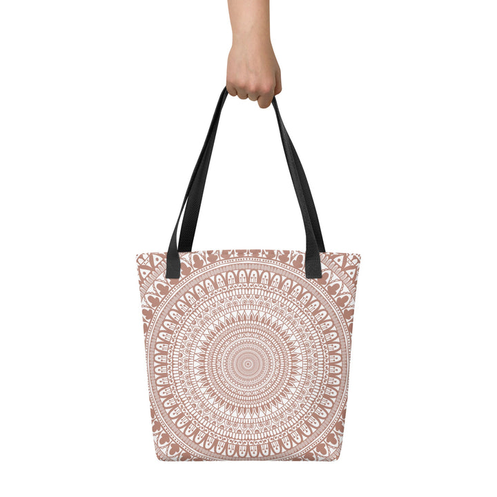 White Tote Bag with Terracotta Mandala Boho Design, front view