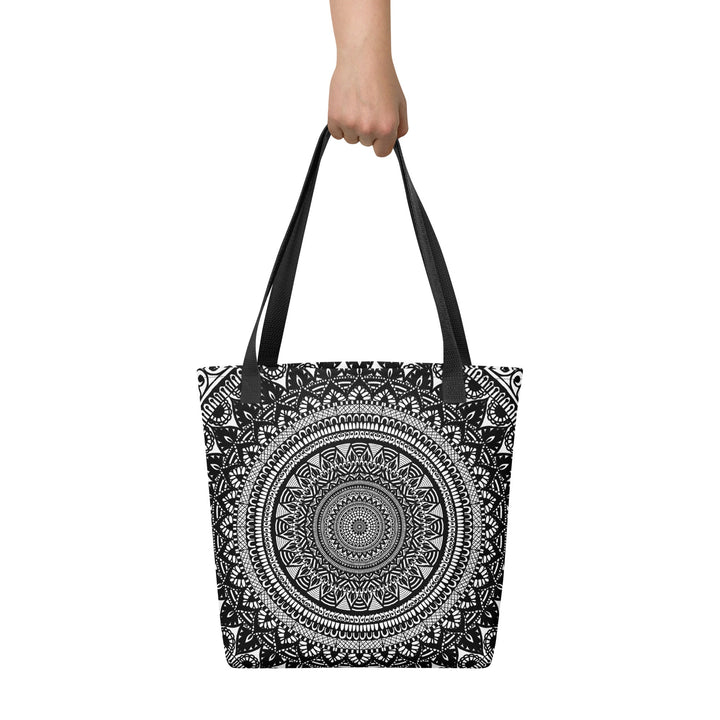 White and Black Tote Bag with Mandala Boho Print, front view