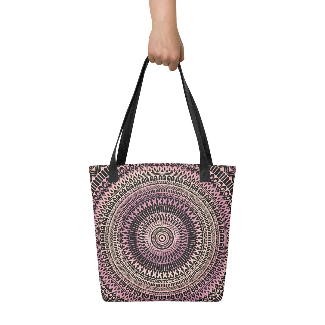 Light Pink Tote Bag with Beige Mandala Boho Design, front view