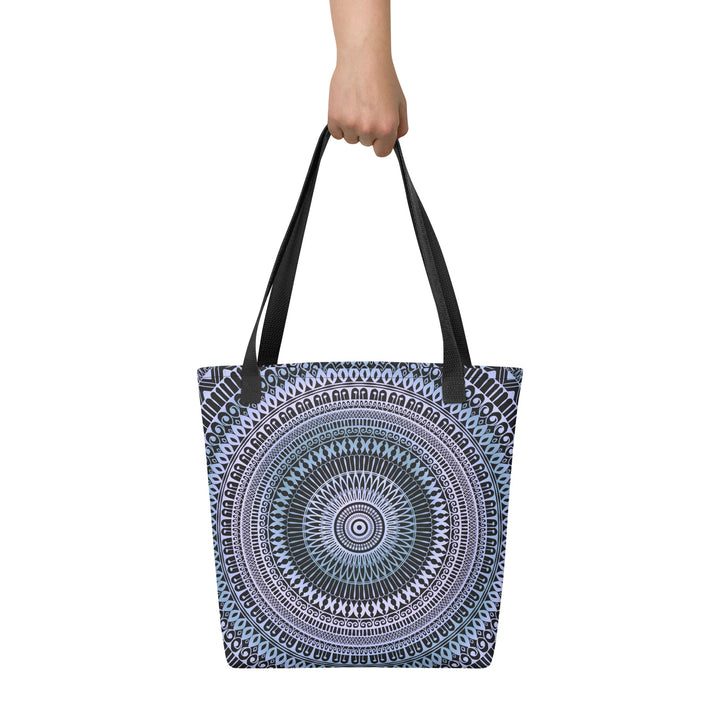 Pastel Tote Bag with Blue Pink Mandala Boho Print, front view