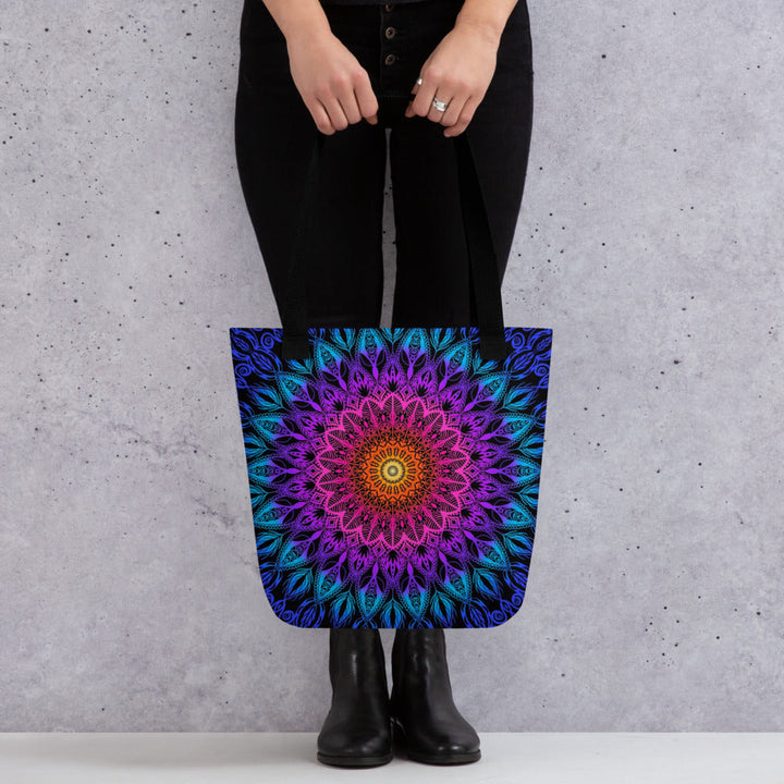 Orange Tote Bag with Pink Purple Blue Mandala Print, product mockup
