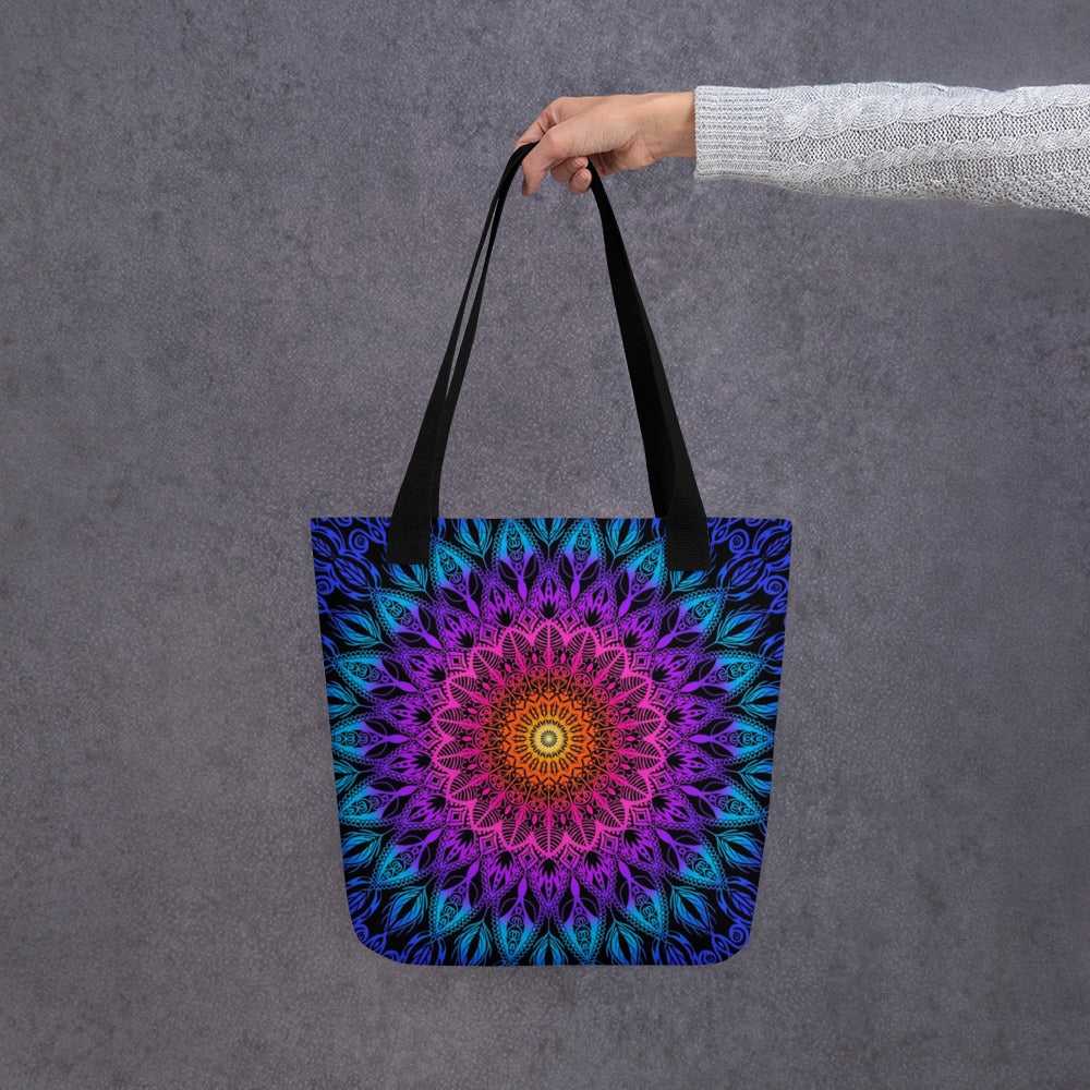 Orange Tote Bag with Pink Purple Blue Mandala Print, product mockup