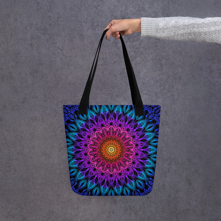Orange Tote Bag with Pink Purple Blue Mandala Print, product mockup