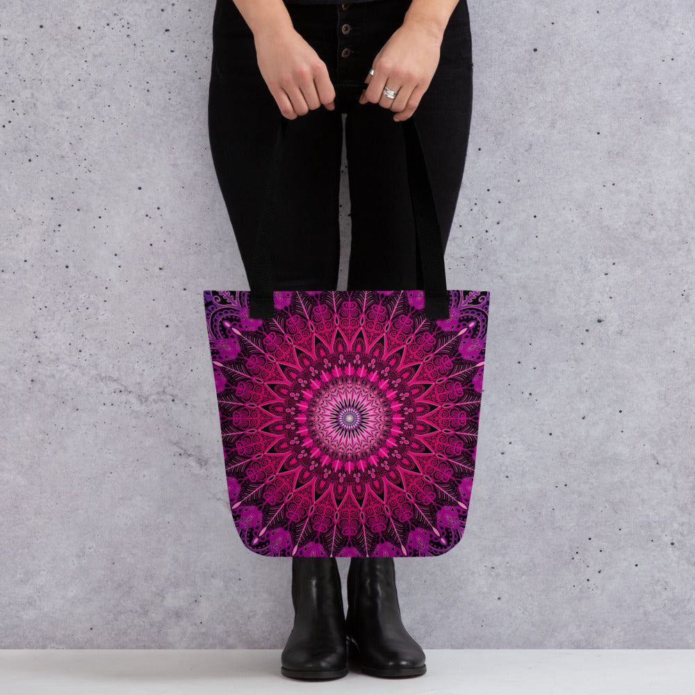 Pink Tote Bag with Black Mandala Boho Design, product mockup
