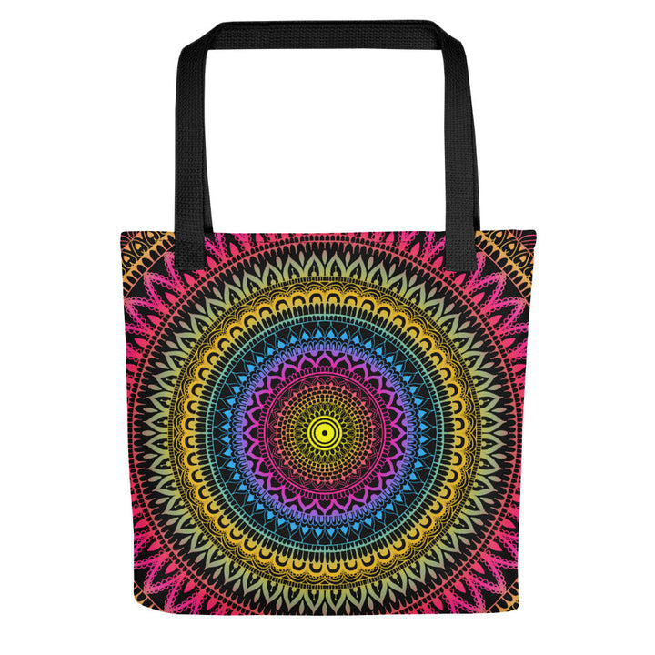 A tote bag with a vibrant multicolored mandala design on both sides.