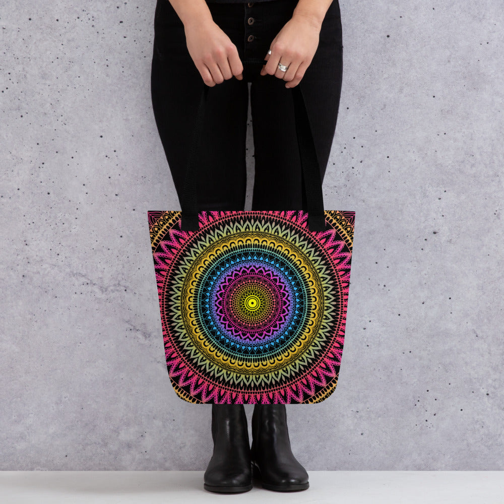 Pink Tote Bag with Yellow Blue Mandala Boho Print, product mockup