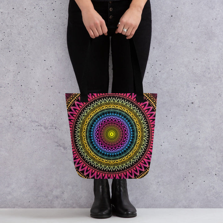 Pink Tote Bag with Yellow Blue Mandala Boho Print, product mockup