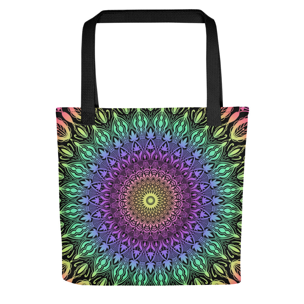 A tote bag with a vibrant mandala pattern in multiple colors.