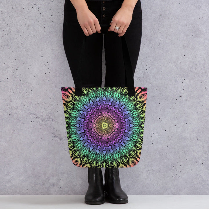 Colorful Tote Bag with Multicolor Mandala Boho Design, product mockup