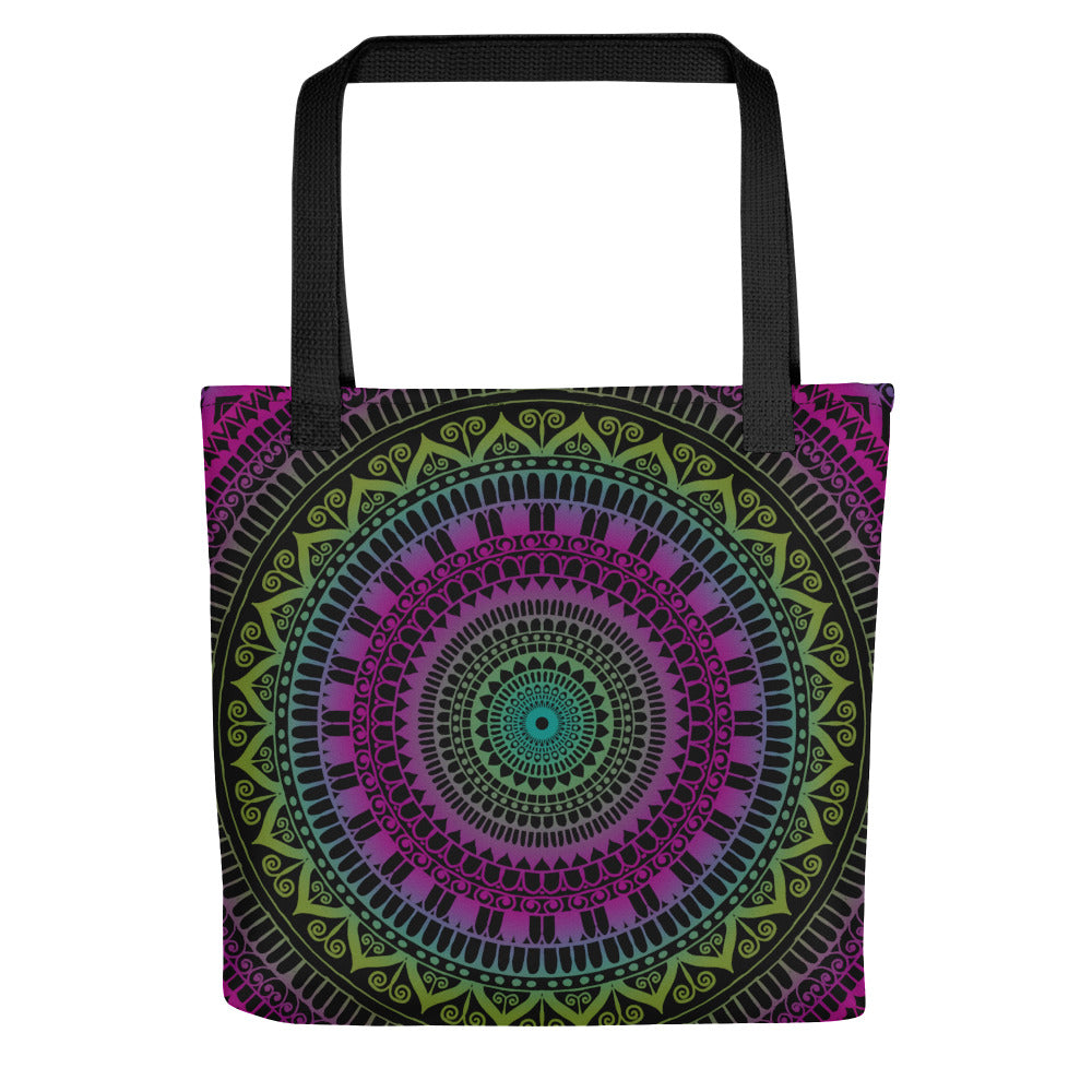 Tote bag featuring a mandala design in pink, green and purple on both sides