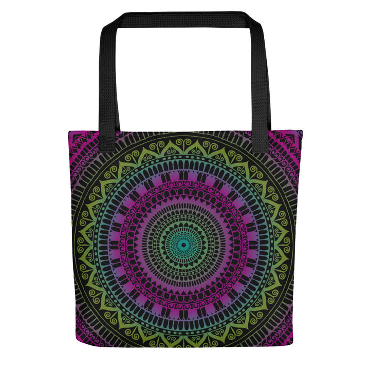 Tote bag featuring a mandala design in pink, green and purple on both sides