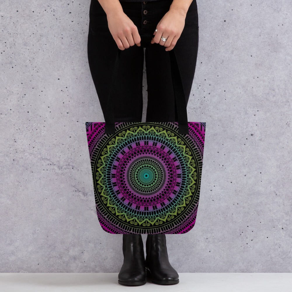 Pink and Green Tote Bag with Mandala Boho Design, product mockup