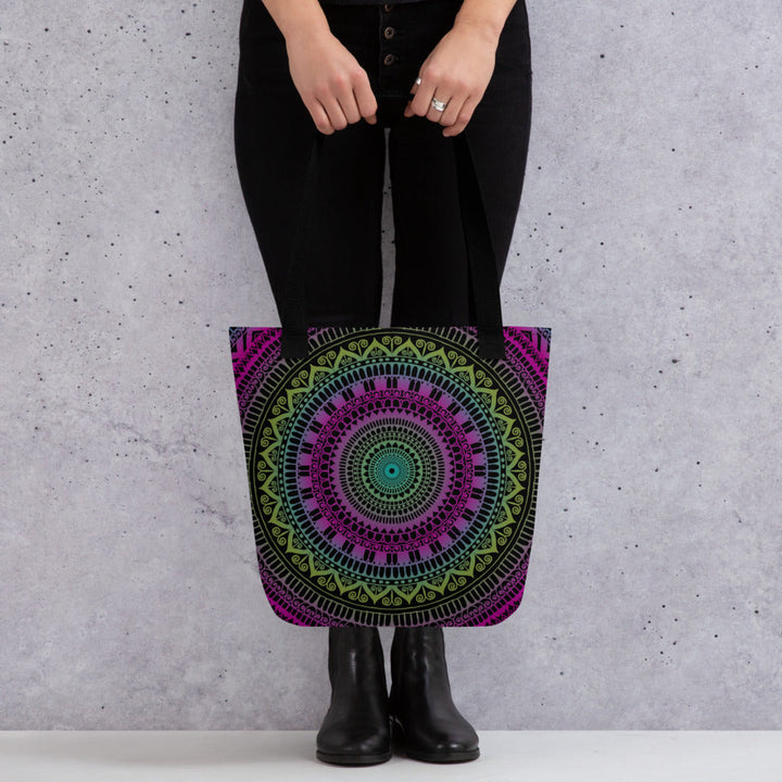 Pink and Green Tote Bag with Mandala Boho Design, product mockup