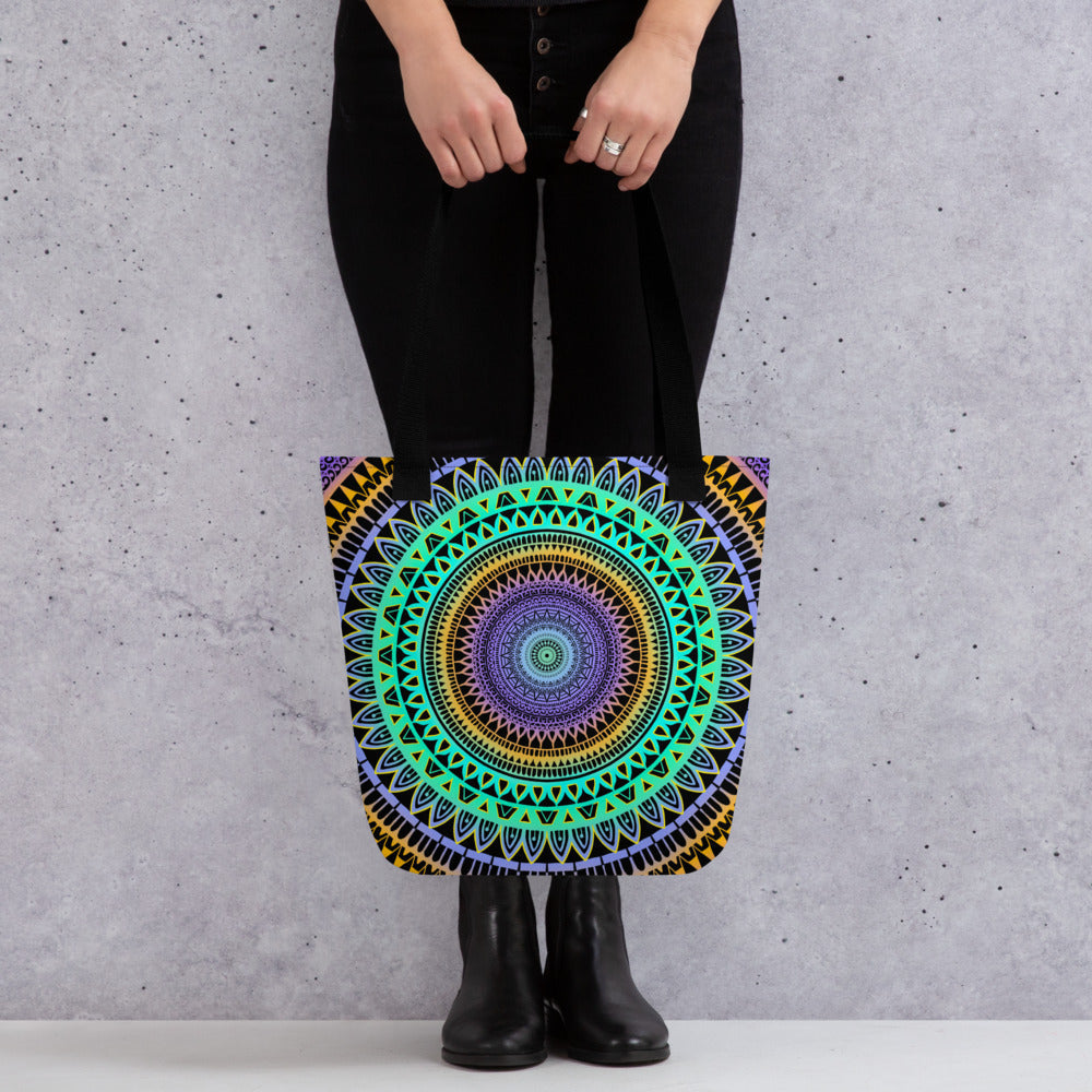 Boho Tote Bag with Mint Green Purple Mandala Design, product mockup