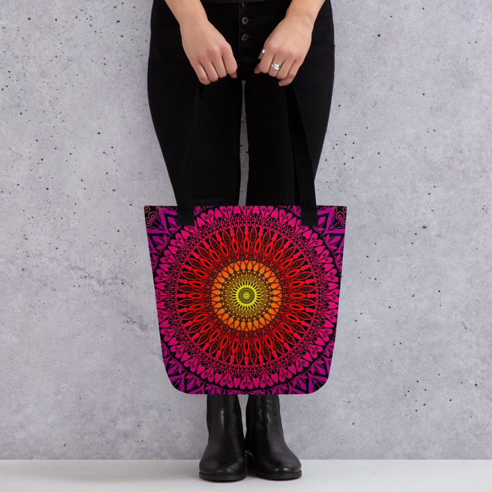 Orange Tote Bag with Red Pink Mandala Boho Design, product mockup