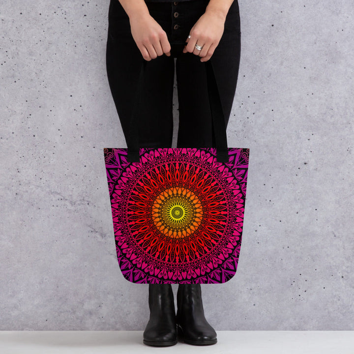 Orange Tote Bag with Red Pink Mandala Boho Design, product mockup