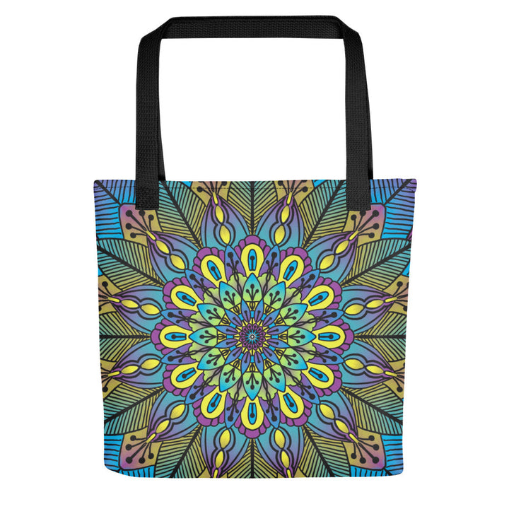 Colorful tote bag with a geometric mandala design in green, yellow and purple