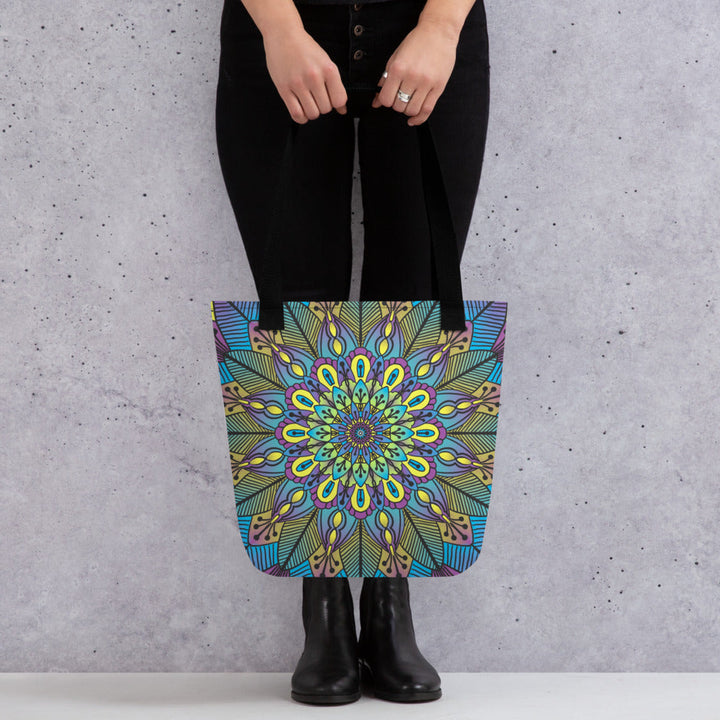 Floral Tote Bag with Green Yellow Purple Mandala, product mockup