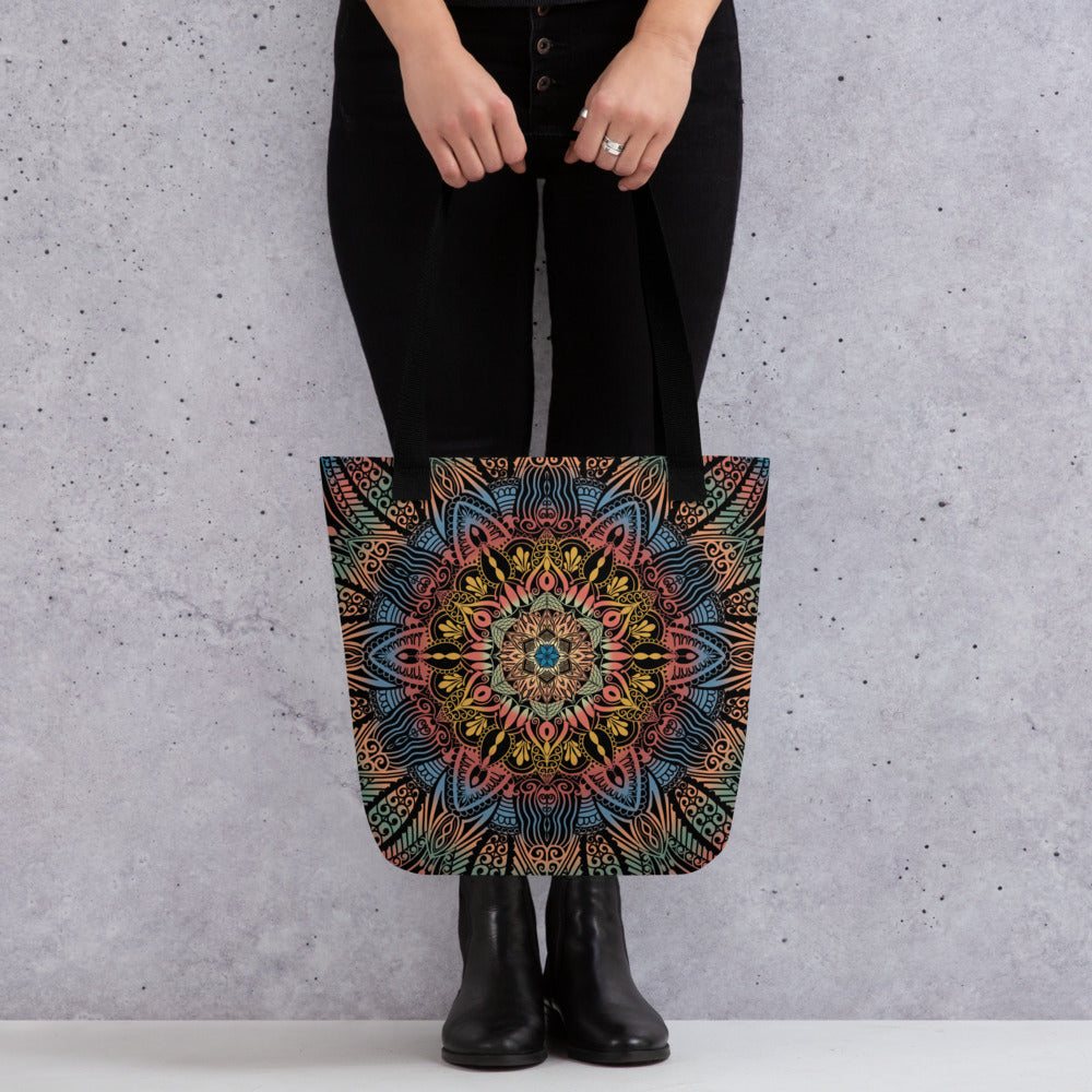 Colorful Tote Bag with Psychedelic Mandala Boho Print, product mockup