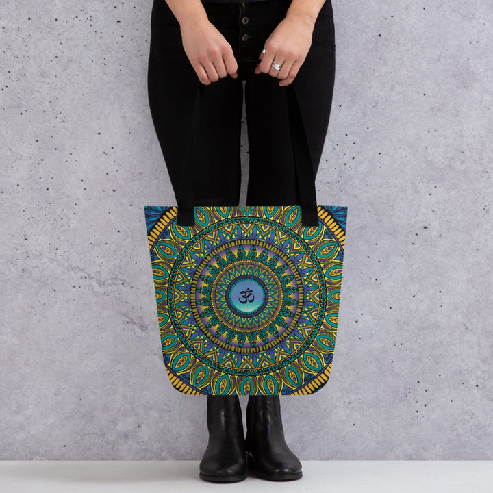 Spiritual Tote Bag with Purple Gold Ohm Mandala Design, product mockup