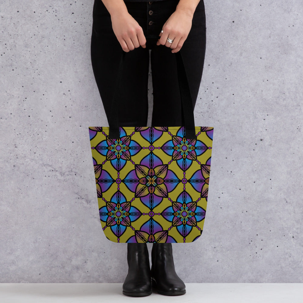 Purple Tote Bag with Blue Yellow Mandala Boho Print, product mockup