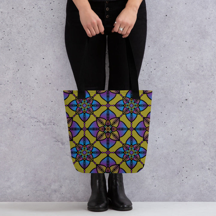 Purple Tote Bag with Blue Yellow Mandala Boho Print, product mockup