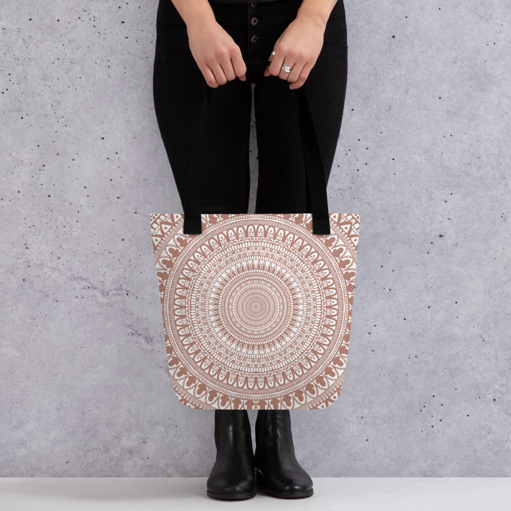 White Tote Bag with Terracotta Mandala Boho Design, product mockup