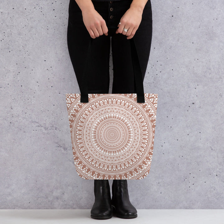 White Tote Bag with Terracotta Mandala Boho Design, product mockup
