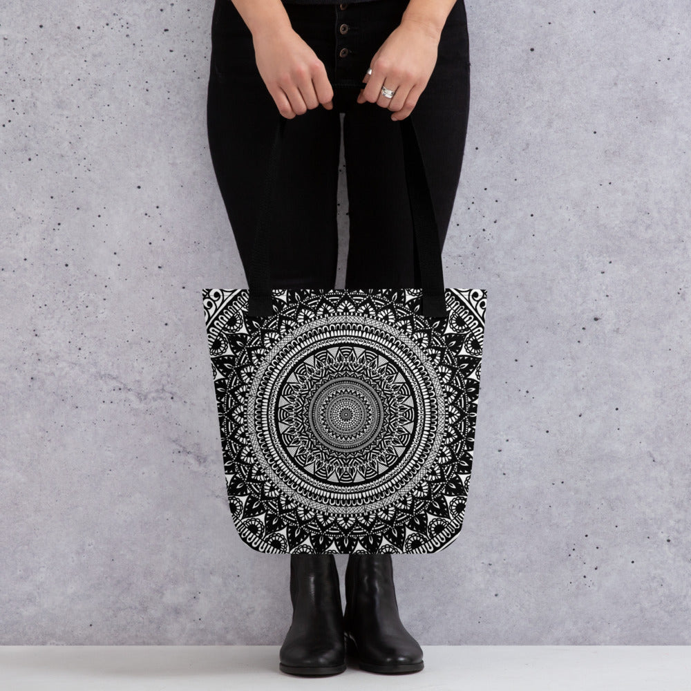 White and Black Tote Bag with Mandala Boho Print, product mockup