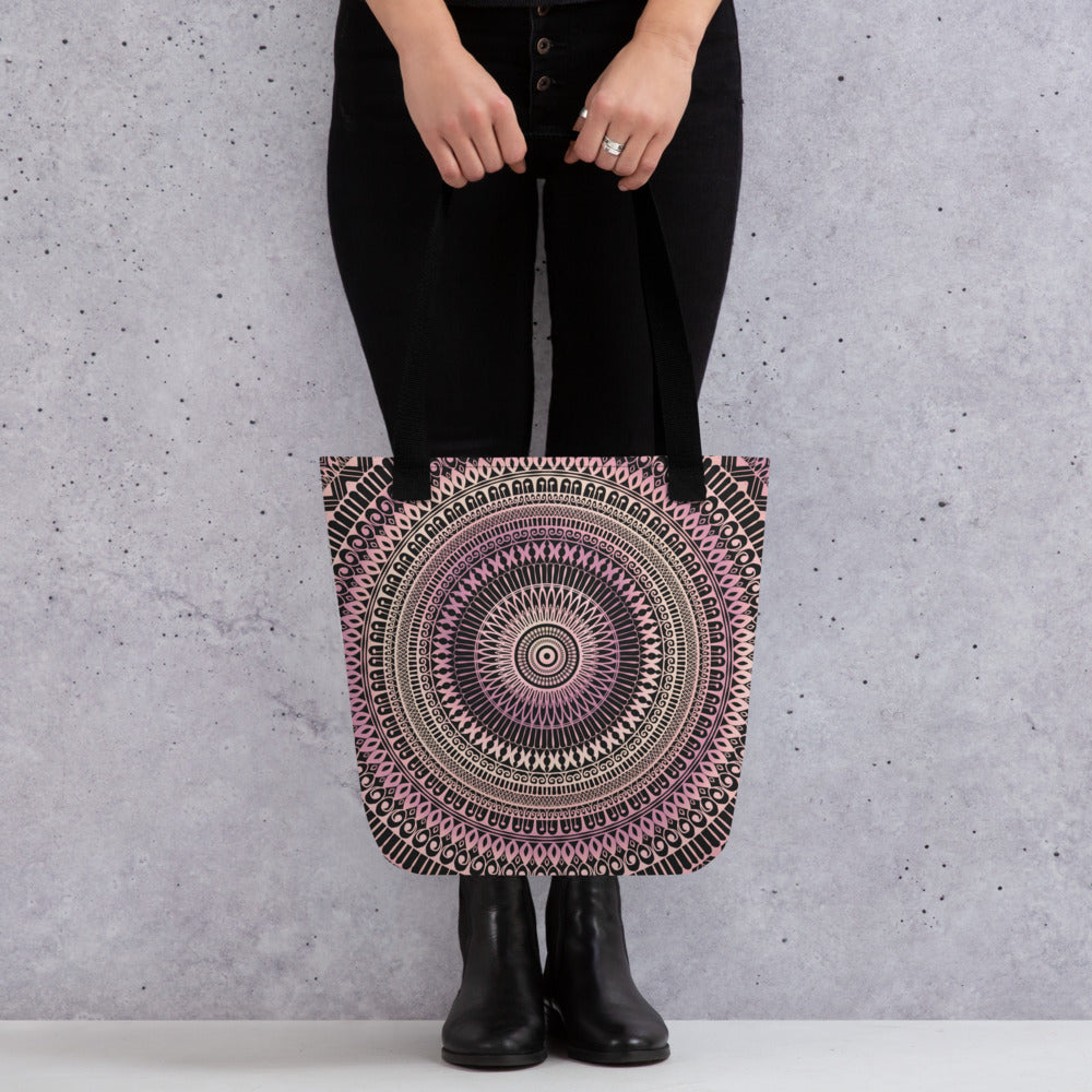 Light Pink Tote Bag with Beige Mandala Boho Design, product mockup