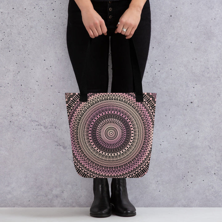 Light Pink Tote Bag with Beige Mandala Boho Design, product mockup