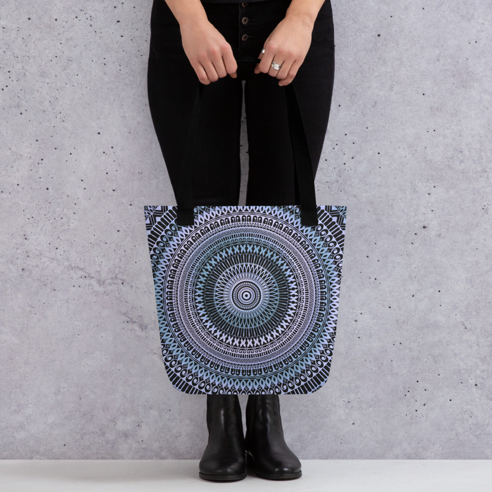 Pastel Tote Bag with Blue Pink Mandala Boho Print, product mockup