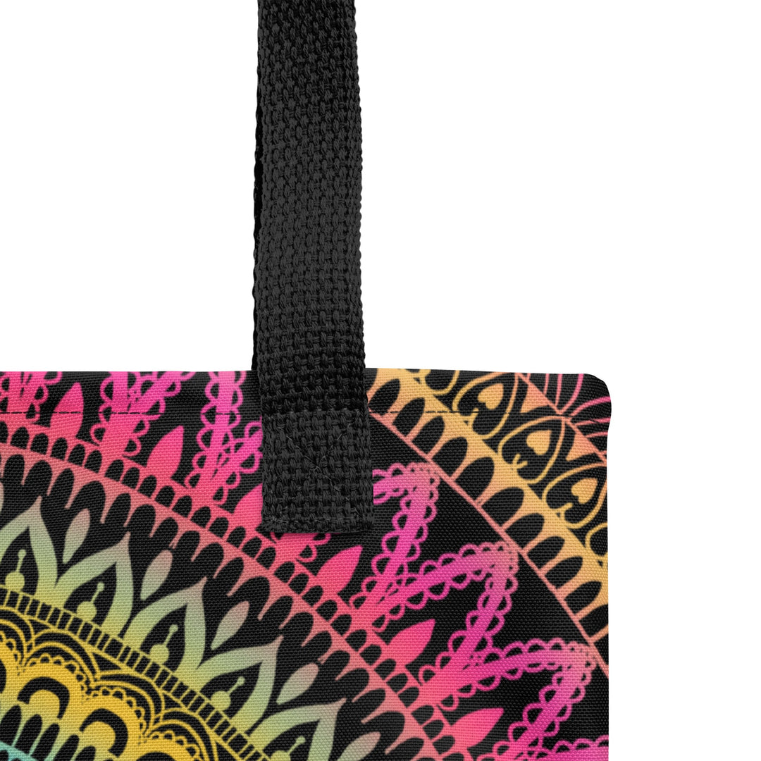 Pink Tote Bag with Yellow Blue Mandala Boho Print, product detail view