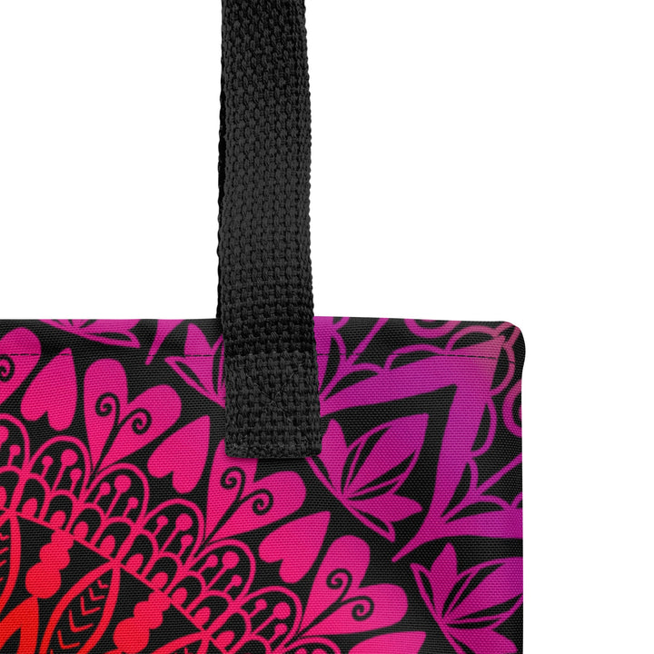 Orange Tote Bag with Red Pink Mandala Boho Design, product detail view
