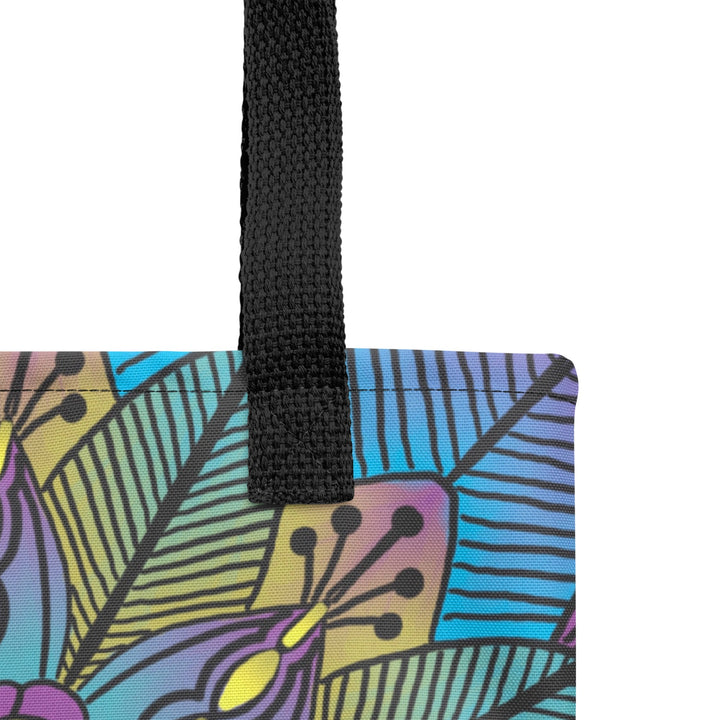 Floral Tote Bag with Green Yellow Purple Mandala, product detail view