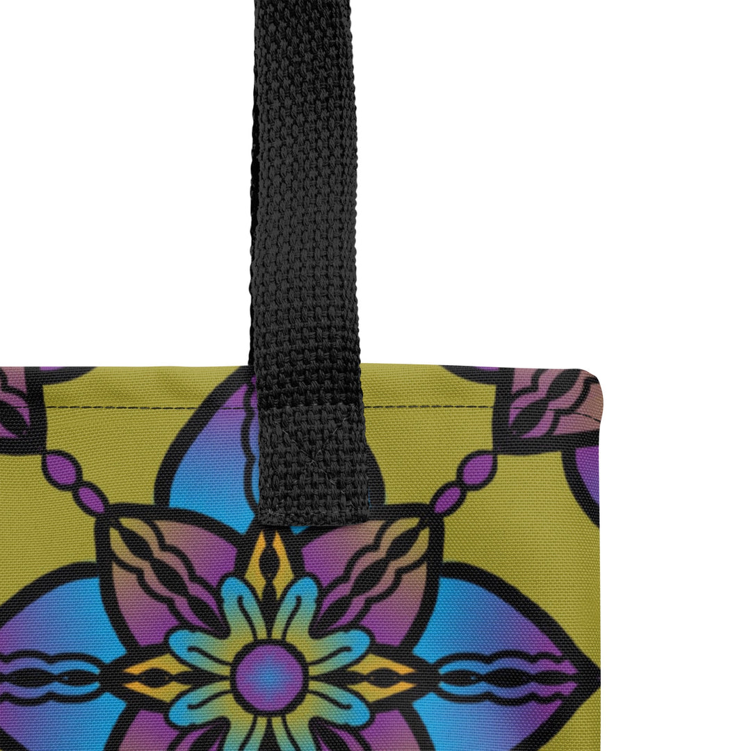 Purple Tote Bag with Blue Yellow Mandala Boho Print, product detail view