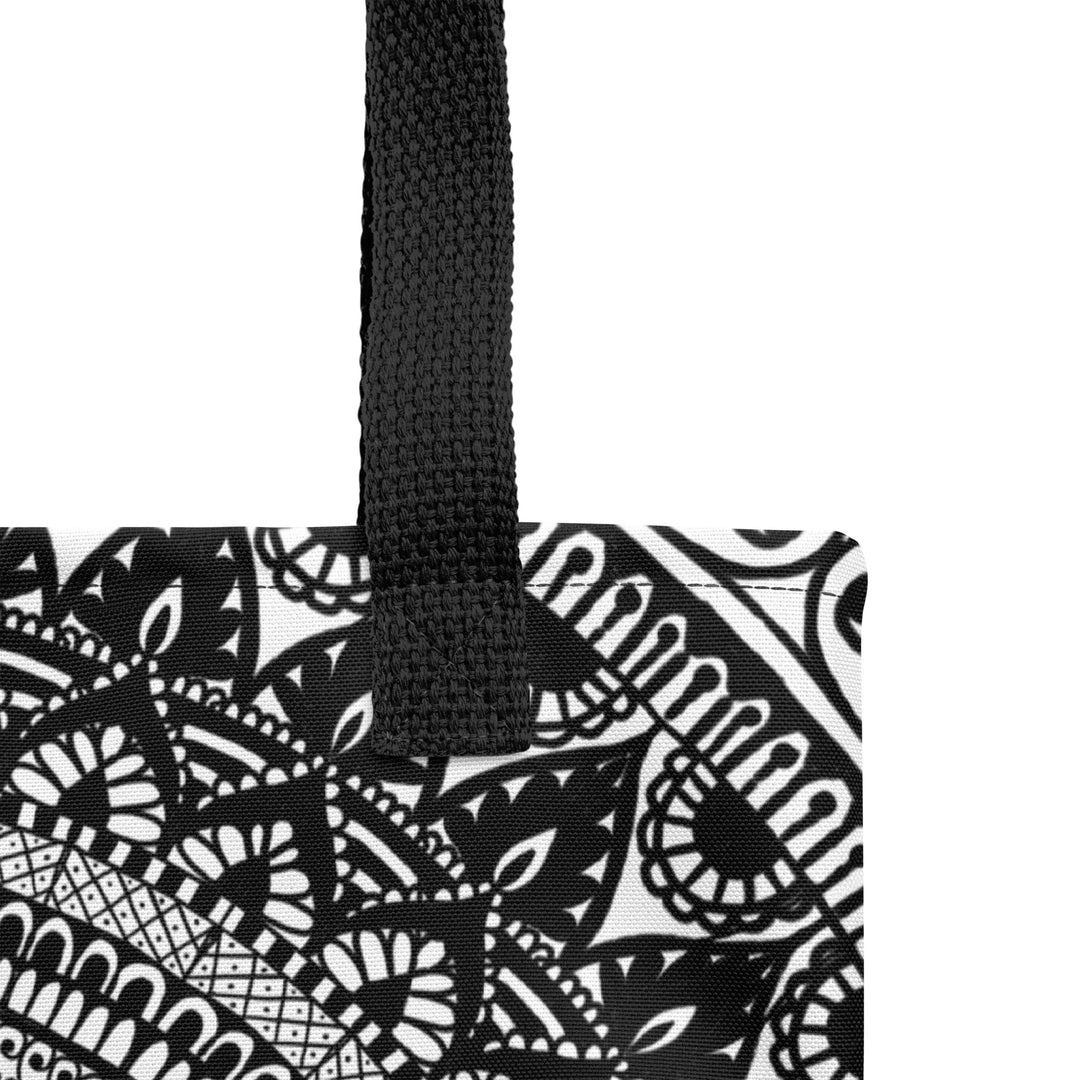 White and Black Tote Bag with Mandala Boho Print, product detail view