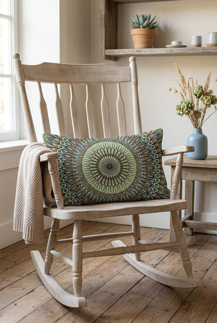 Boho lumbar pillow cover with soft green, beige and muted blue mandala design styled on a whitewashed wooden rocking chair in a warm neutral boho interior