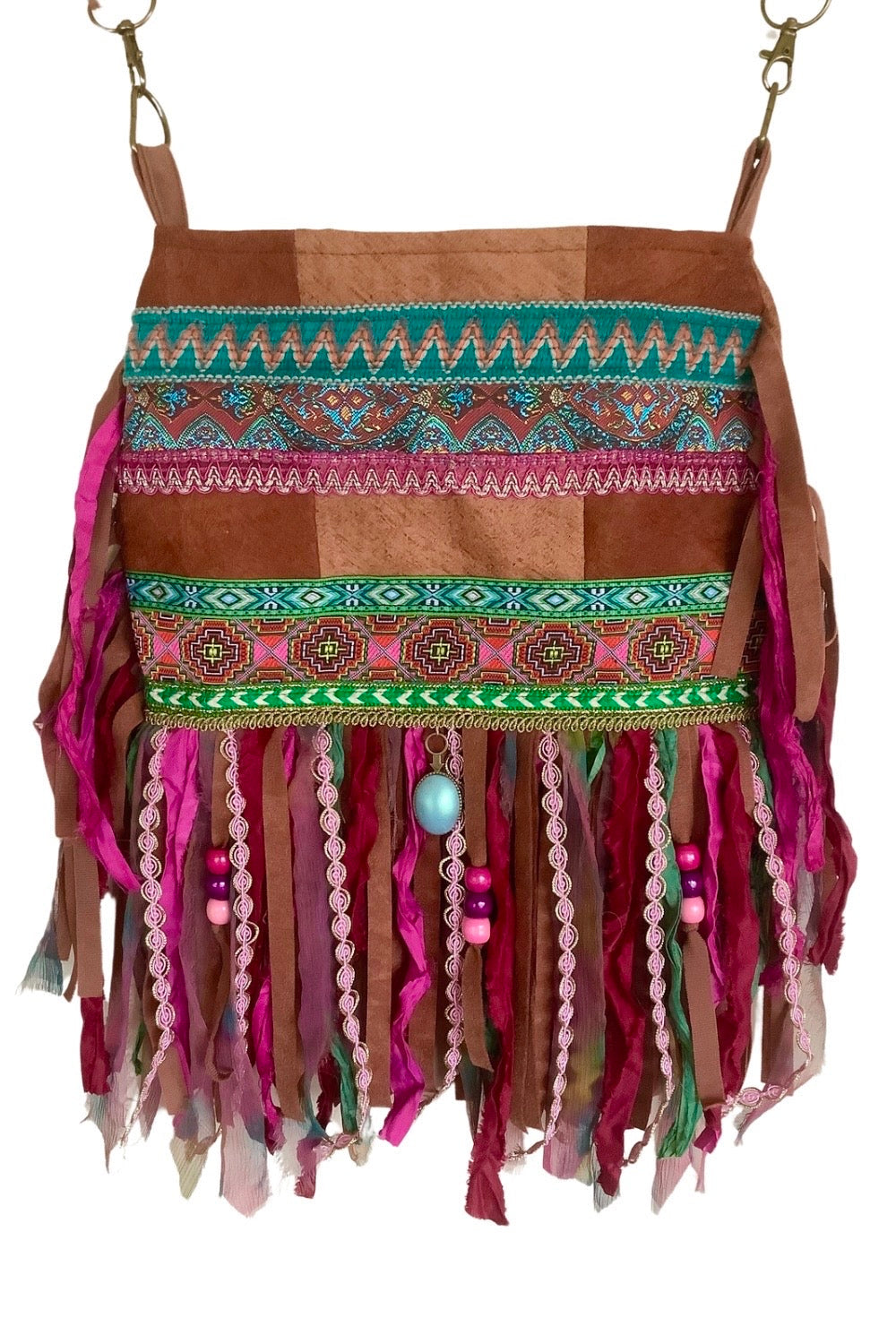 bark cloth boho bag with pink ribbons and fringe pink front