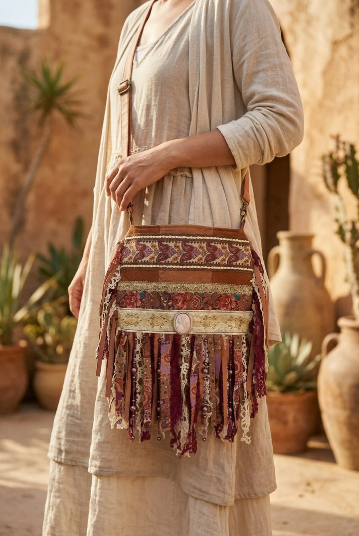 Person wearing a patterned crossbody bag in an outdoor setting with plants and pots.