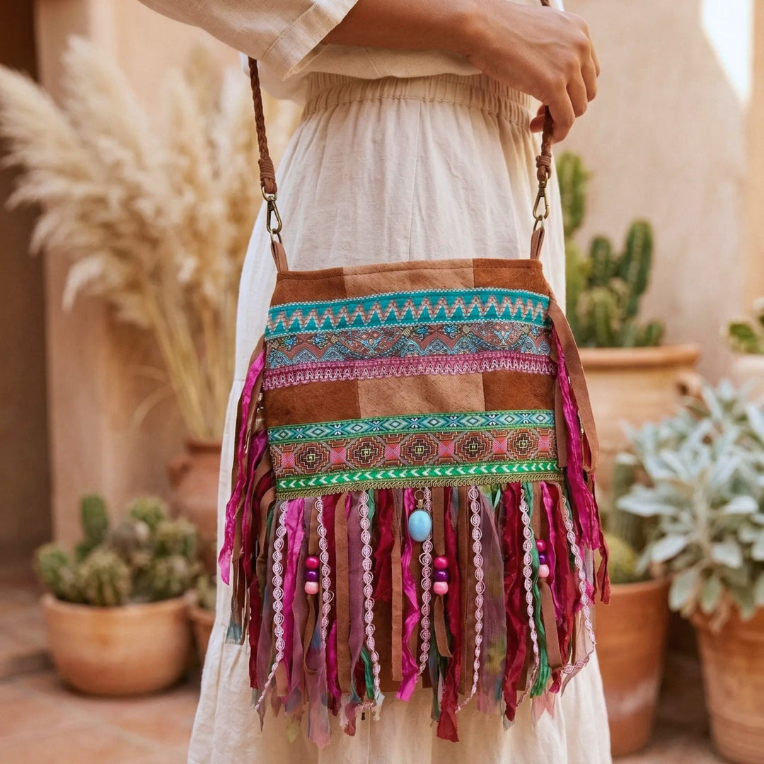 Colorful fringed handbag with patterned strap held by a person in a natural setting with plants.