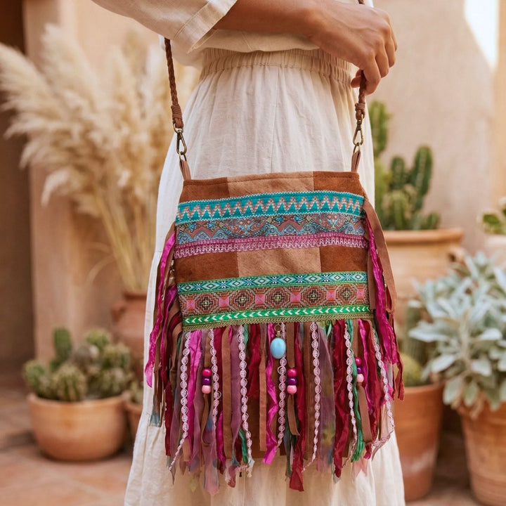 Colorful fringed handbag with patterned strap held by a person in a natural setting with plants.