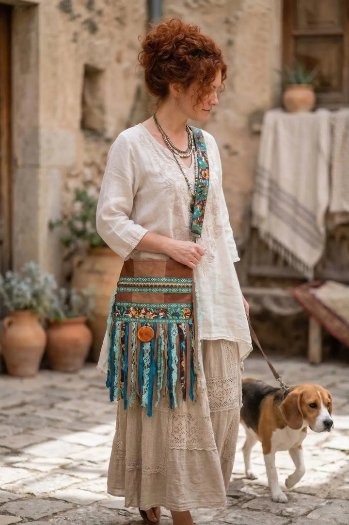 Woman in a long, light-colored dress with a colorful belt and scarf standing outdoors with a dog.