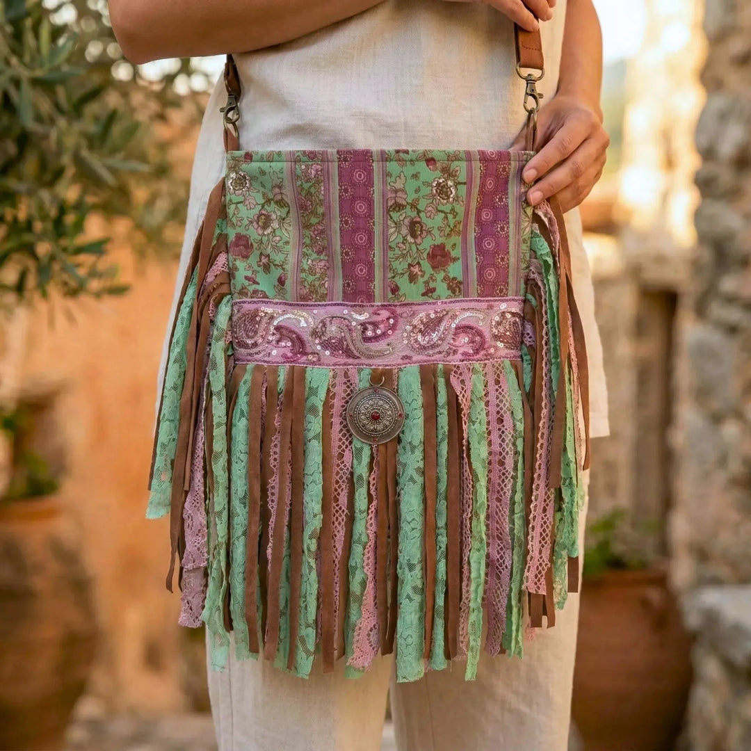 Person holding a colorful fringed bag with a patterned strap in an outdoor setting.