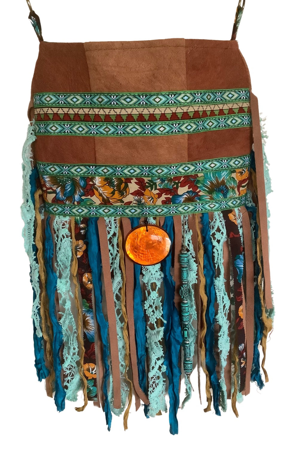 crossbody tas voor dames van boomschors met blauwe franje