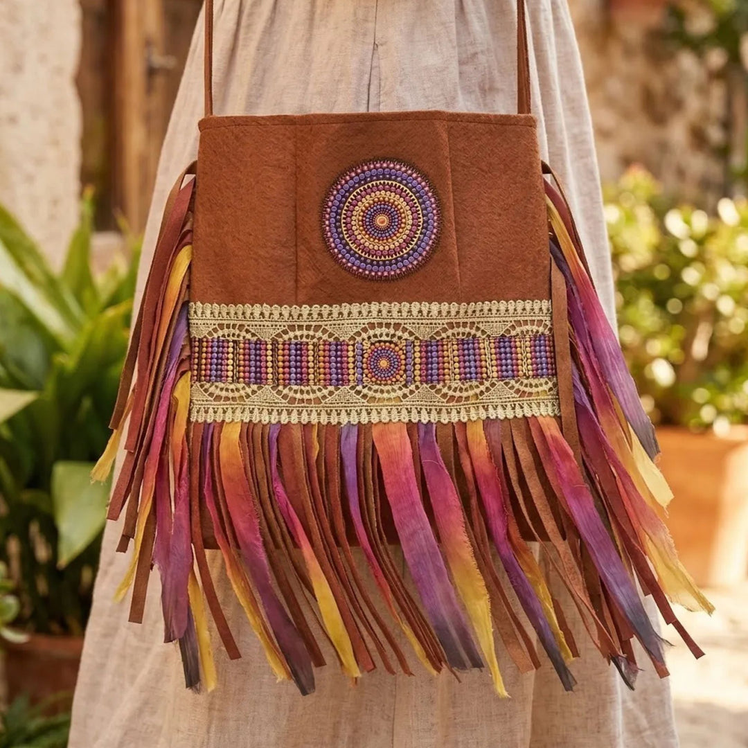 bohemian crossbody bag with colorful fringe and mandala detail, handmade leather boho bag worn on hip, earthy tones, unique handmade accessory